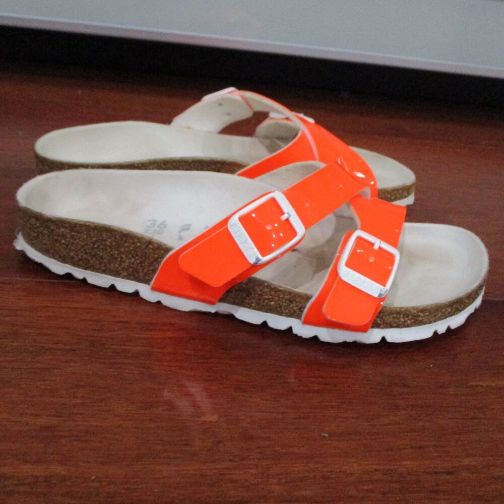 Birkenstock Orange Patent White Buckle Sandals - Picture 3 of 11